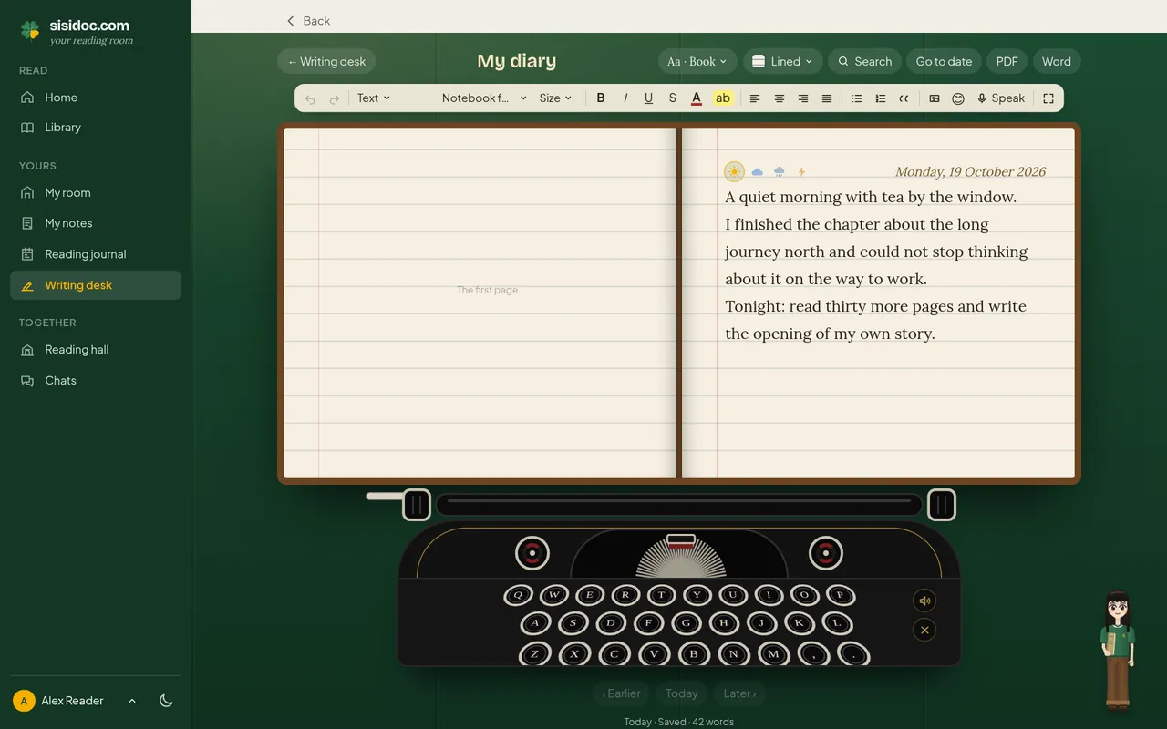 Writing desk with sample content